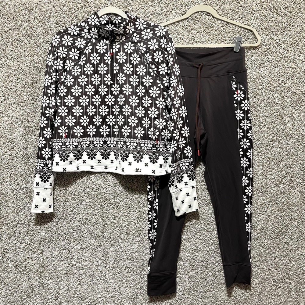 Aerie Brown & White Floral Print Quarter Zip Pullover + Legging 2 Pc Set Large